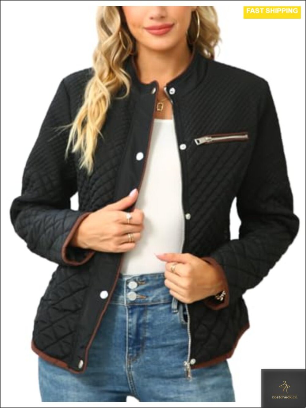 Women's Fleece-Lined Diamond Quilted Puffer Jacket, Stand Collar, Slim Fit,